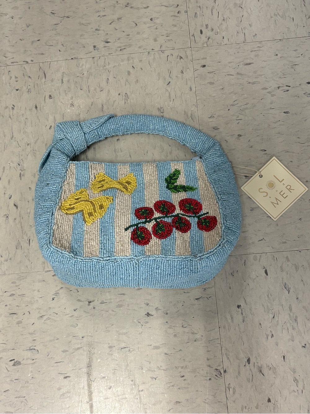Sol & Mer Blue Beaded Bag with Cherry Tomatoes, Bowtie Pasta & Basil   NWT